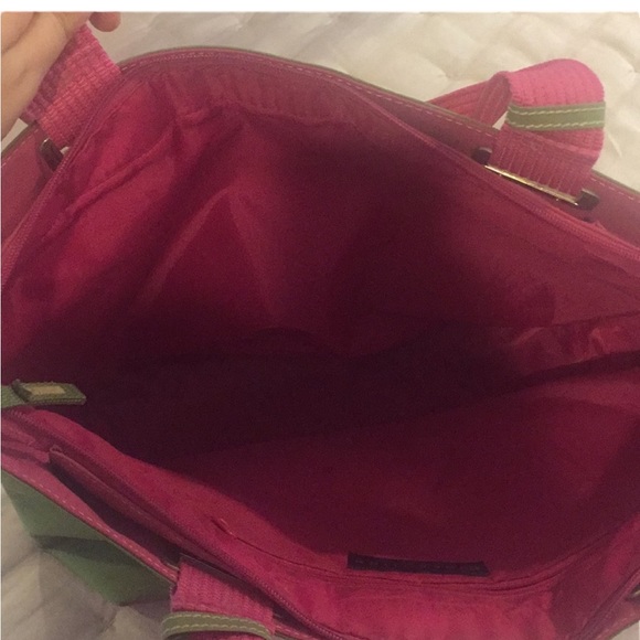 Kenneth Cole Pink and Green Preppy Canvas Tote Overnight Bag with Zipper - Picture 3 of 5